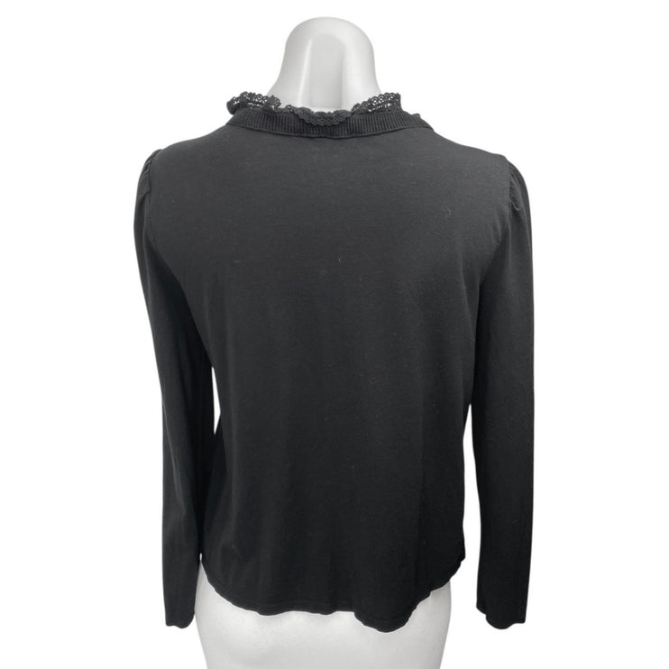 Ann Taylor LOFT Black Long Sleeve Floral Embroidered Mock Neck Blouse Top Size S