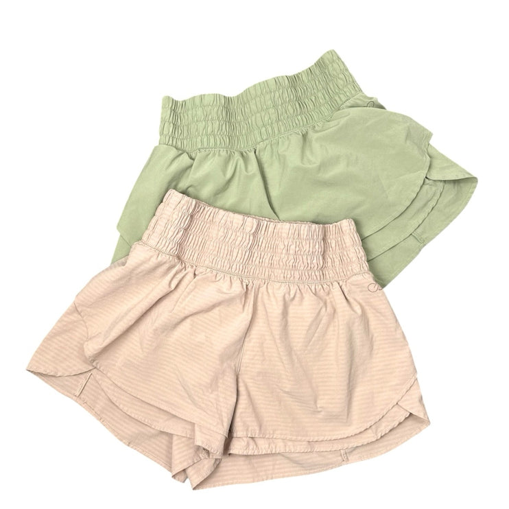 Calia Women's Green Tan Elastic Smocked High Waisted Mini Shorts Set of 2 Size S