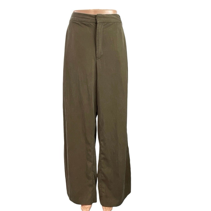Zara Women's Olive Green High Rise Pleated Wide Leg Baggy Trousers Pants Size L