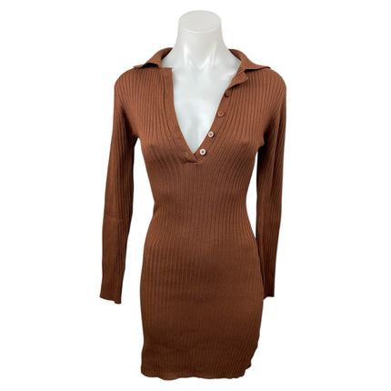 Love Tree Brown Ribbed Long Sleeve Collared Mini Bodycon Polo Sweater Dress Sz S
