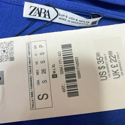 NEW Zara Women's Blue V-neck Ruched Sides Short Sleeve Midi A-Line Dress Size S