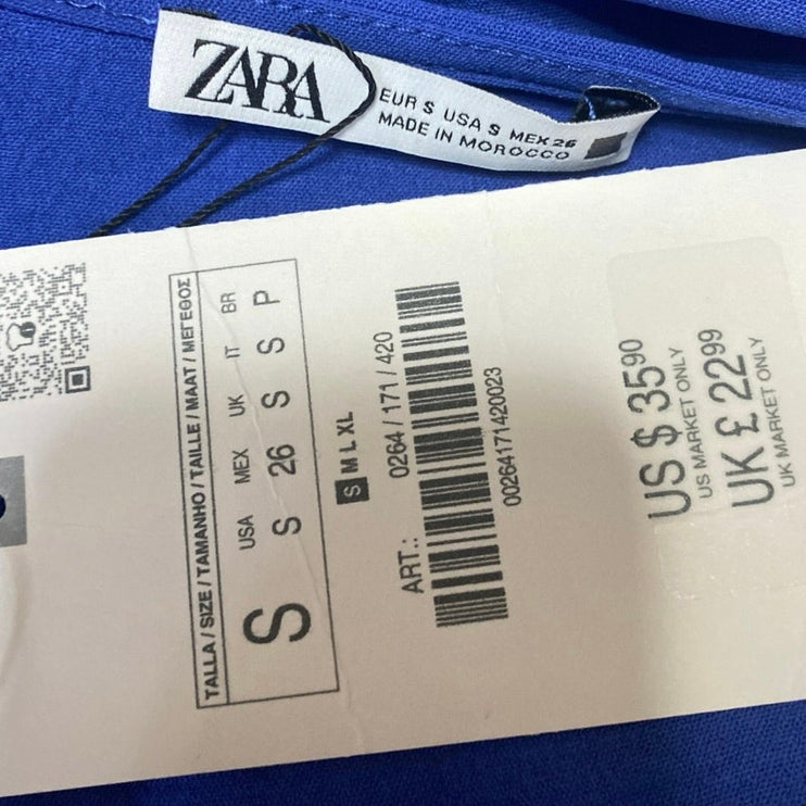 NEW Zara Women's Blue V-neck Ruched Sides Short Sleeve Midi A-Line Dress Size S