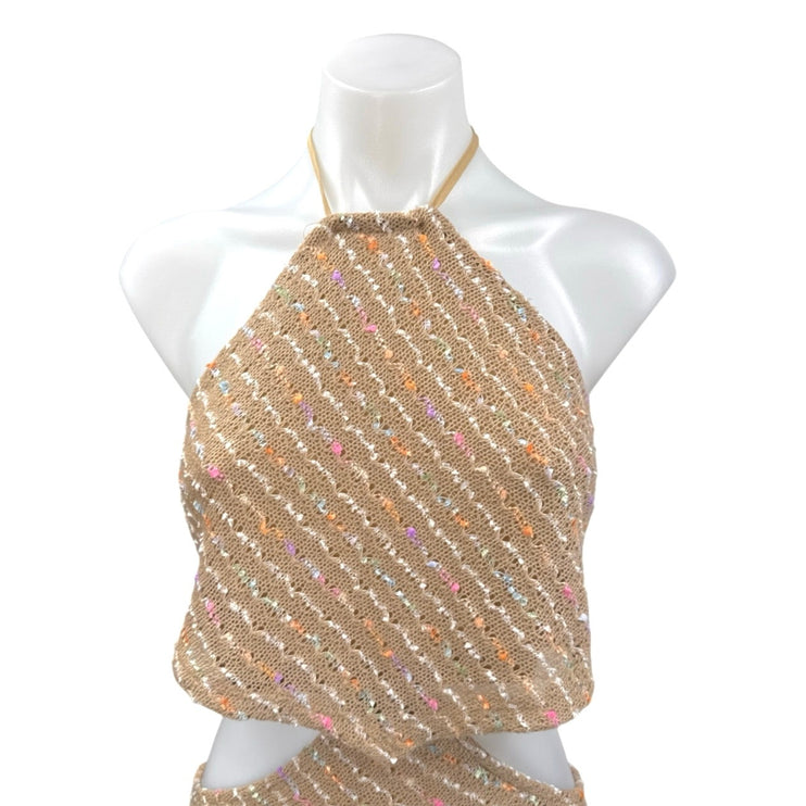 NEW Molly Green Brown Sleeveless Knitted Halter Tie Cutout Mini Pencil Dress L