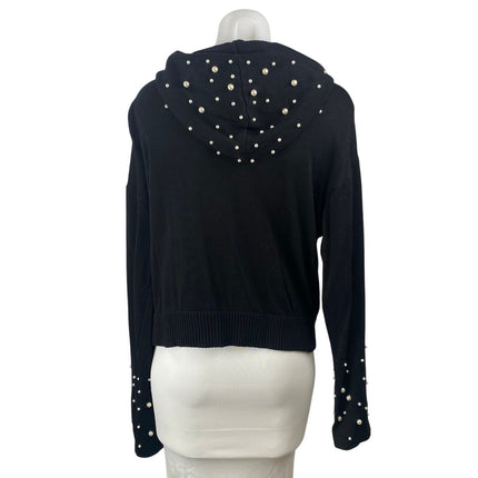 Elan Women's Black Pearl Beaded Long Sleeve Hoodie Hooded Sweatshirt Top SIze M