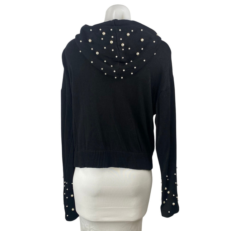 Elan Women's Black Pearl Beaded Long Sleeve Hoodie Hooded Sweatshirt Top SIze M