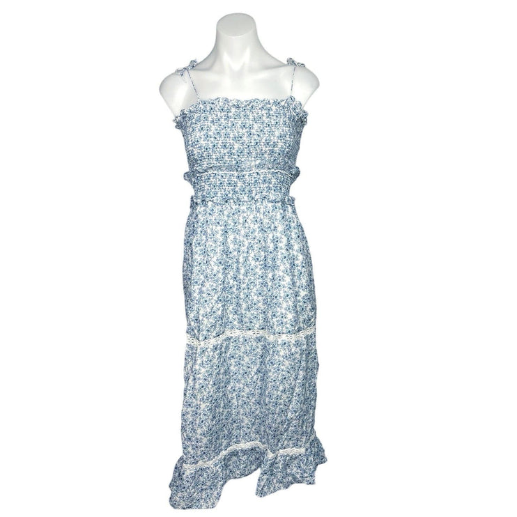 Kisuii Blue Luna Floral Smocked Sleeveless Ruffle Tiered Lace Trim Dress Size L