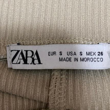 Zara Beige Tan Ribbed Knit High Waisted Pull On Bootcut Flared Pants Size S