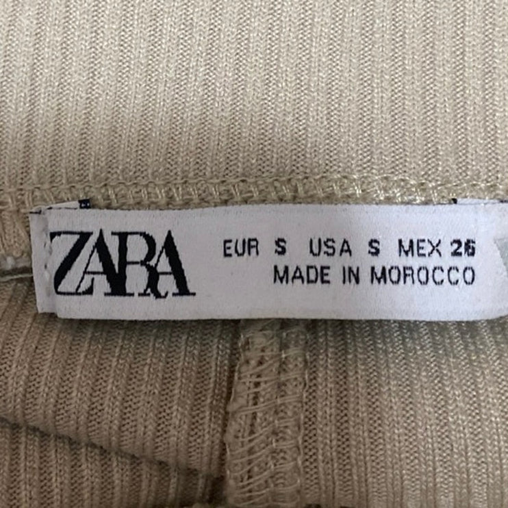 Zara Beige Tan Ribbed Knit High Waisted Pull On Bootcut Flared Pants Size S