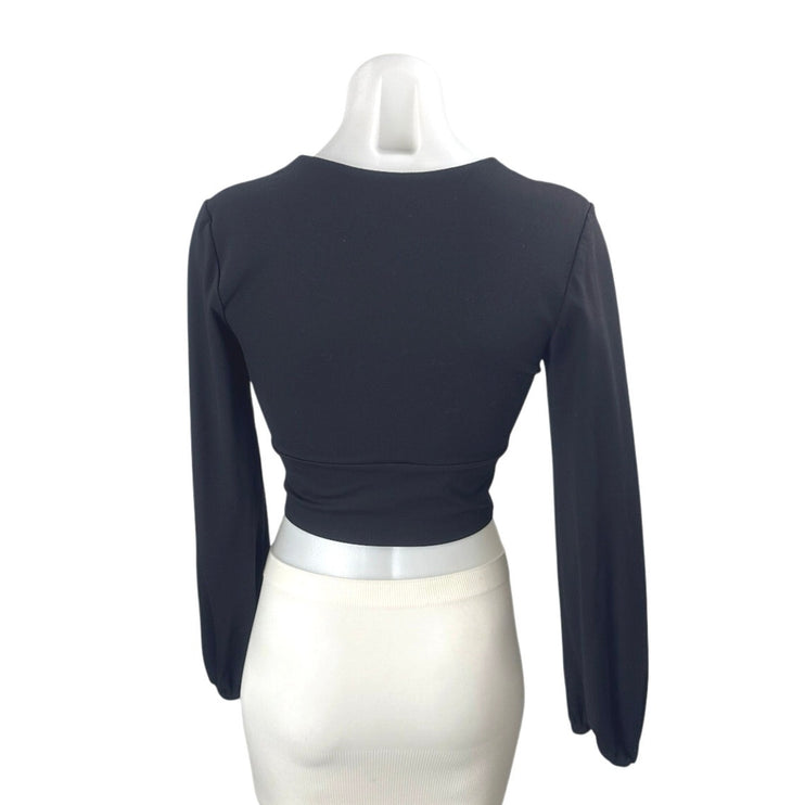 Susana Monaco Womens Black Long Sleeve Deep V Neck Fitted Blouse Crop Top Size S