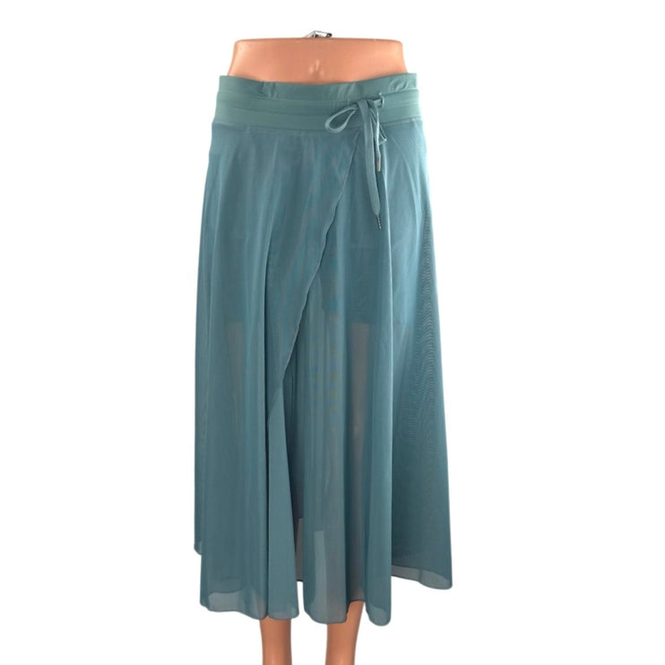 Women's Teal Blue Mesh Sheer Slit Pleated Tie Waist A Line Midi Skirt Size M
