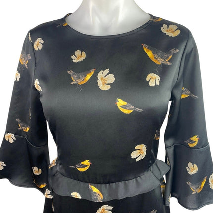 Zara Black Satin Floral Birds Print 3/4 Bell Sleeve Ruffle Mini A-Line Dress XS