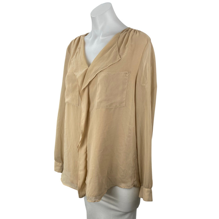 Calvin Klein Women's Beige Sheer Ruffled V Neck Long Sleeve Office Blouse Top M