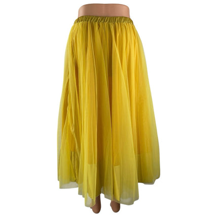 NEW Stylewe Women's Yellow Mesh Tulle High Waisted Midi A-Line Flared Skirt S
