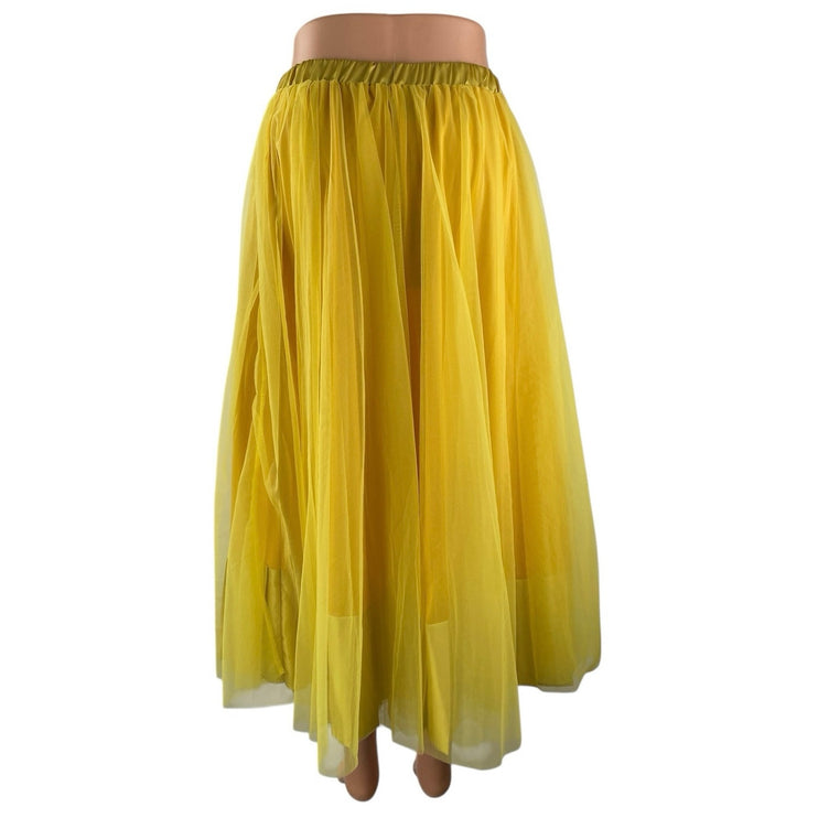 NEW Stylewe Women's Yellow Mesh Tulle High Waisted Midi A-Line Flared Skirt S