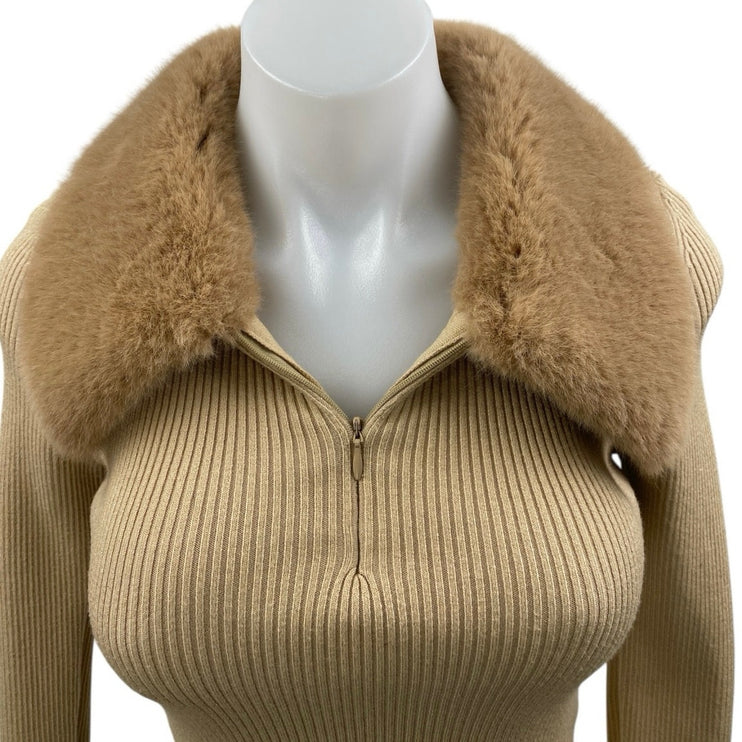 Zara Women's Brown Rib Knit Faux Fur Collar Long Sleeve Crop Sweater Top Size M