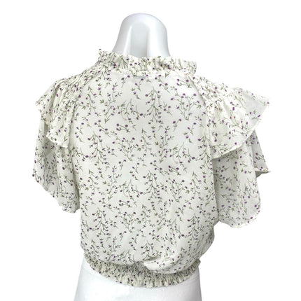 Edit By Nine White Floral Tiered Flutter Short Sleeve Smocked Shirt Blouse Top M