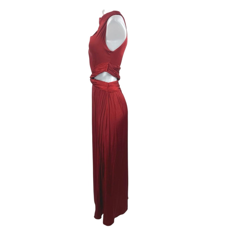 Zara Red Silk Satin Sleeveless Cutout High Neck Pleated A Line Maxi Dress Sz XS