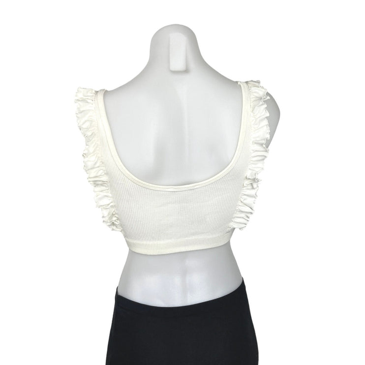 ZARA White Ruffle Frill Scoop Neck Ribbed Knit Stretch Cropped Tank Top Sz XS/S