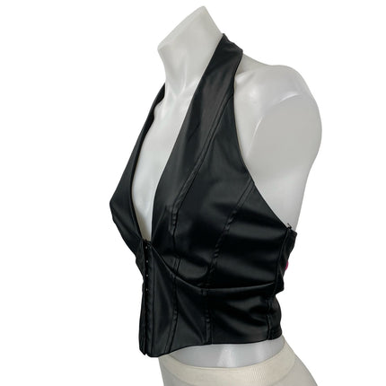 Fashion Nova Nemy Women's Black Faux Vegan Leather Corset Crop Halter Tank Top M