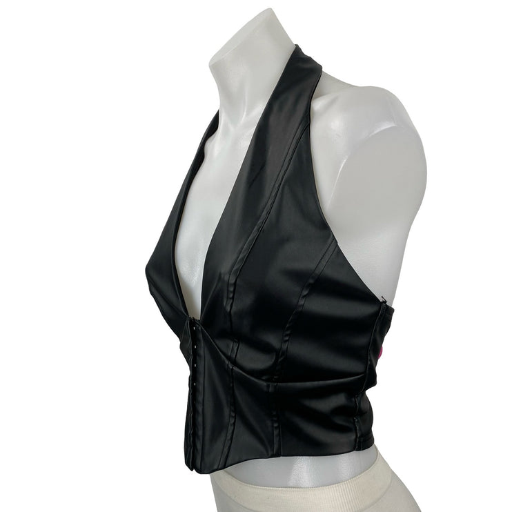 Fashion Nova Nemy Women's Black Faux Vegan Leather Corset Crop Halter Tank Top M