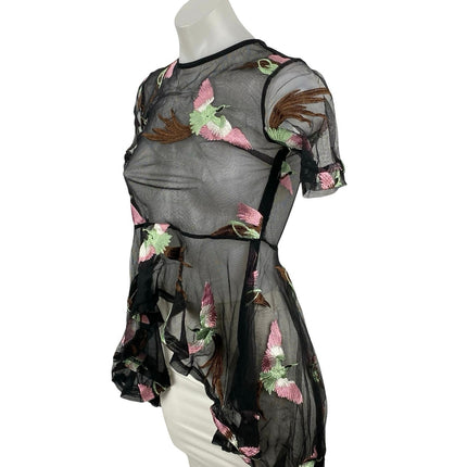 Endless Rose Womens Bird Embroidery Sheer Mesh Short Sleeve Peplum Blouse Top XS