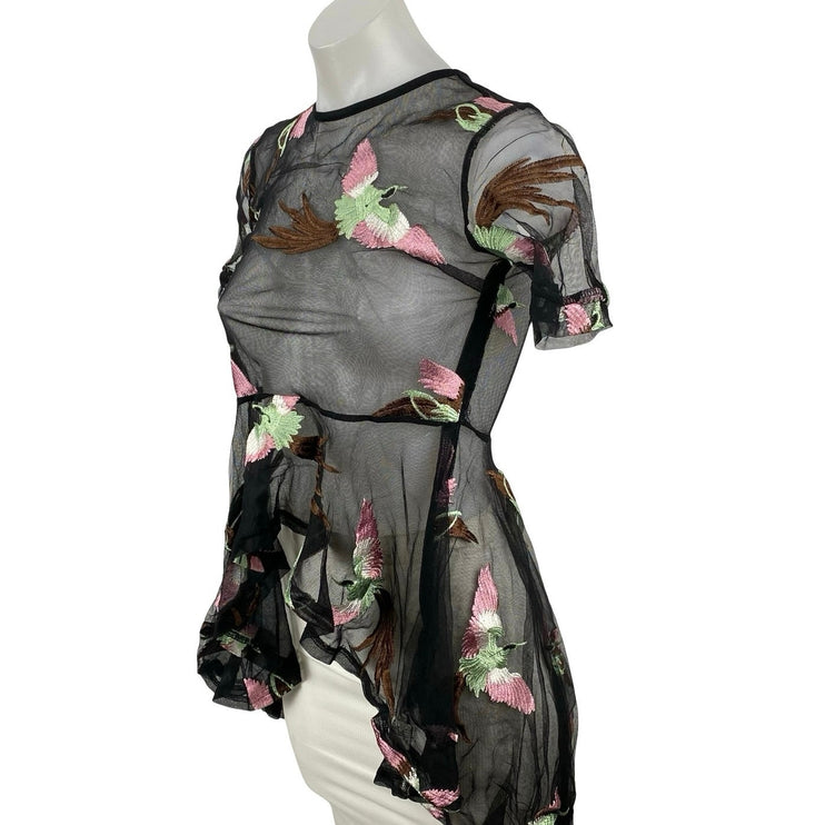 Endless Rose Womens Bird Embroidery Sheer Mesh Short Sleeve Peplum Blouse Top XS