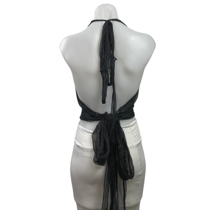 NEW Dana Foley NYC Black 100% Silk Halter Cowl Neck Open Back Tie Crop Top Sz S