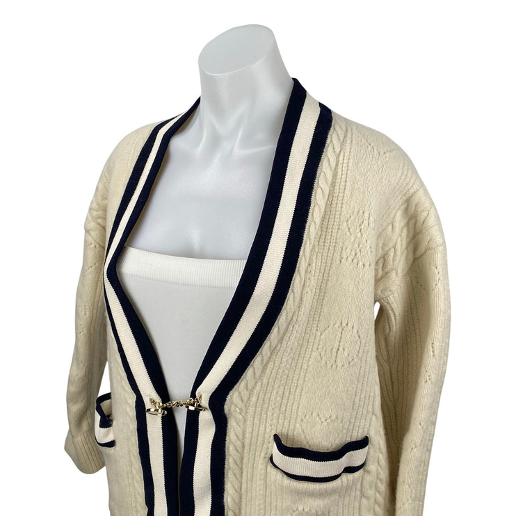 Sandro Womens Cream Black Cable Knit Wool Gold Chain Cardigan Sweater Top Size 0