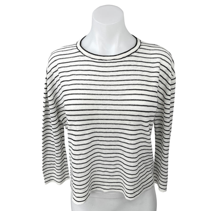 Theory Trinella White Linen Knit Striped Round Neck Long Sleeve Shirt Top Size M