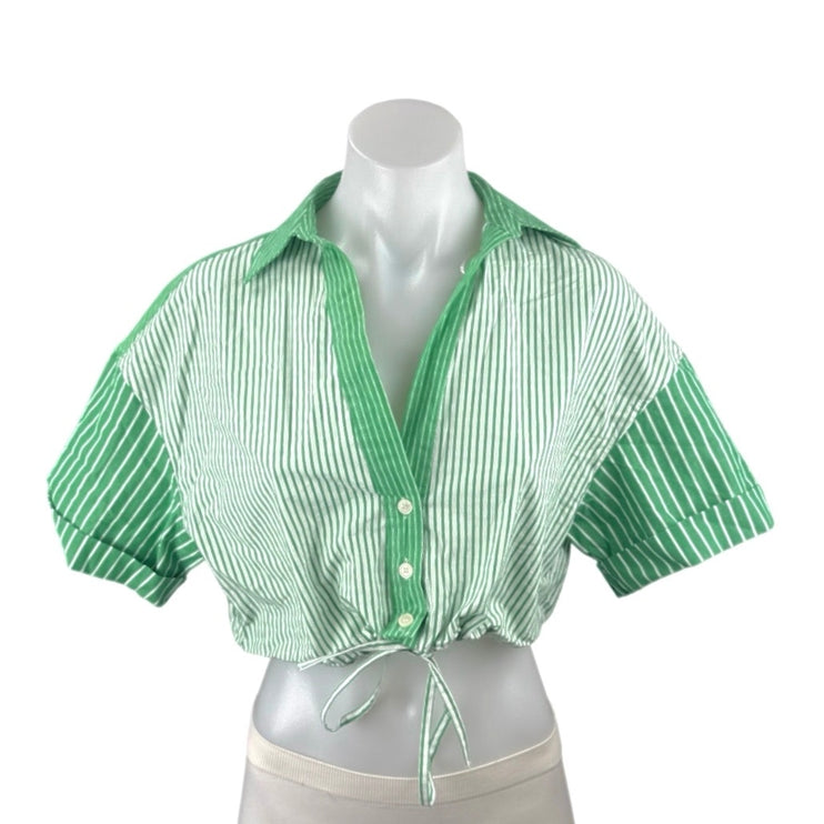 Zara Women's Green Striped Colorblock Short Sleeve Button Down Crop Top Size XS