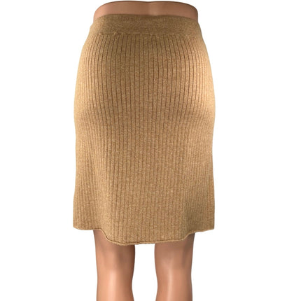 Free People Tan Rib Knit Stretch Knee Length Pencil Wrap Sweater Skirt Size M