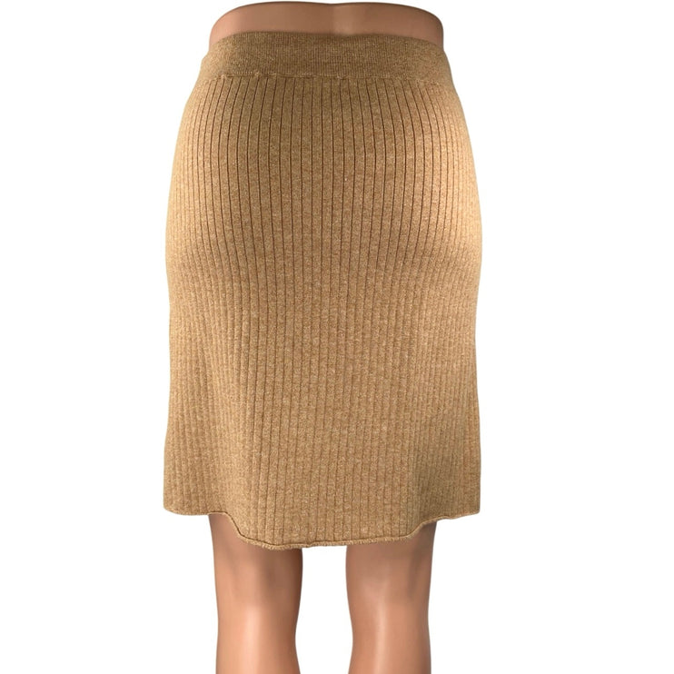 Free People Tan Rib Knit Stretch Knee Length Pencil Wrap Sweater Skirt Size M