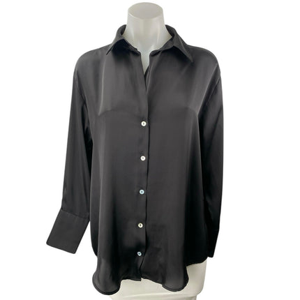 Zara Women's Black Silky Satin Collared Long Sleeve Button Down Shirt Top Size M