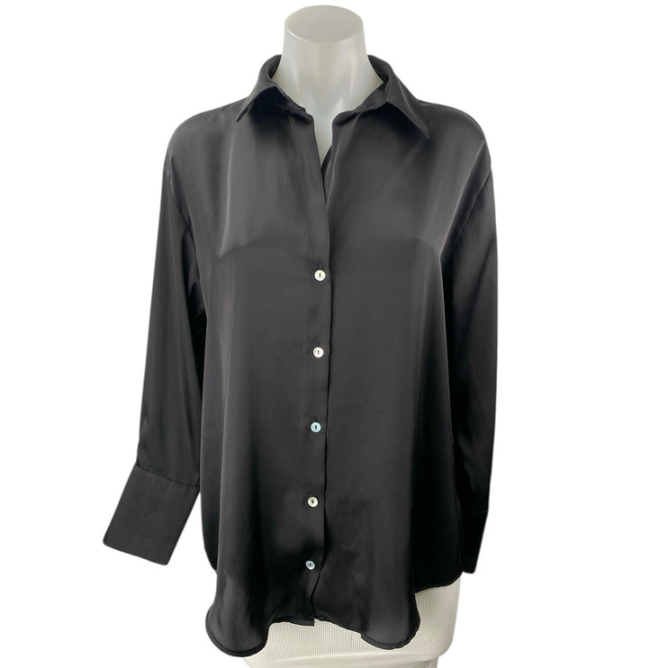 Zara Women's Black Silky Satin Collared Long Sleeve Button Down Shirt Top Size M
