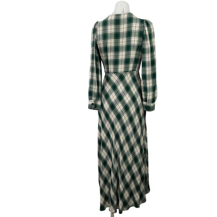 Next Women's Green Plaid Checkered Long Puff Sleeve V Neck Shirt Midi Dress 6