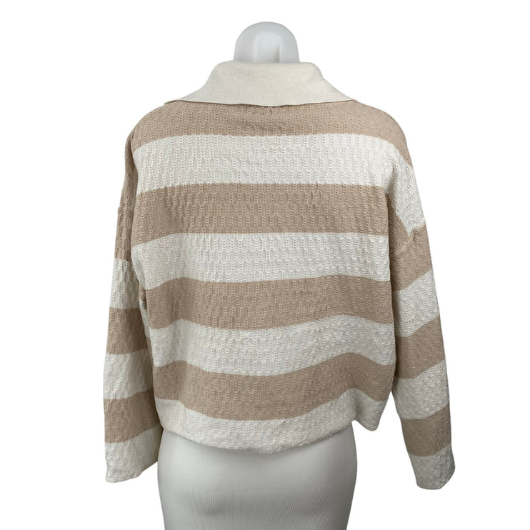 Princess Polly Beige White Striped Textured Knit Long Sleeve Polo Sweater Top 4