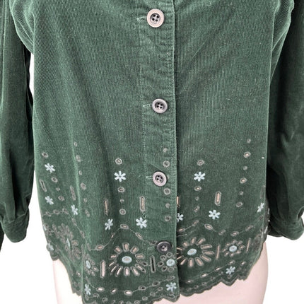 Madewell Green Floral Embroidered Eyelet Corduroy Tie-Sleeve Blouse Top Sz XS