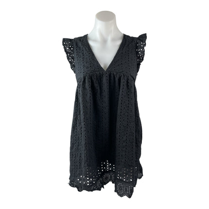 Mustard Seed Black Short Sleeve Smocked Ruffle V Neck Pleated Romper Shorts Sz S