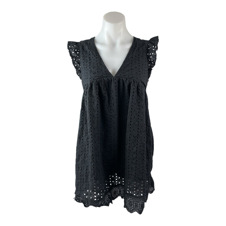 Mustard Seed Black Short Sleeve Smocked Ruffle V Neck Pleated Romper Shorts Sz S