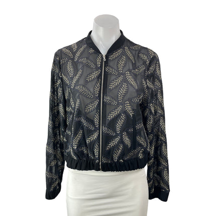 Zara Basic Black Long Sleeves Embroidered Metallic Leaf Bomber Coat Jacket Sz L