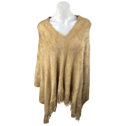 Molly Bracken Tan Faux Fur Fleece V Neck Poncho Shrug Sweater Top One Size