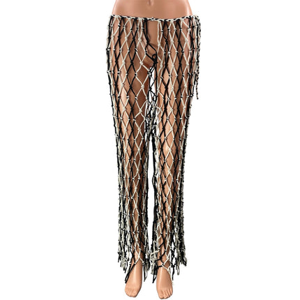 Nasty Gal Black White Open Weave Geometric Net Style Macrame Trouser Pants Sz M