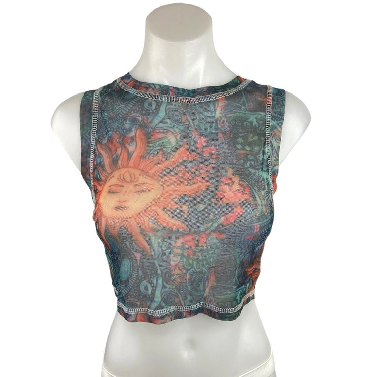 Shein Blue Orange Sun Celestial Art Crew Neck Sleeveless Tank Crop Top Size S