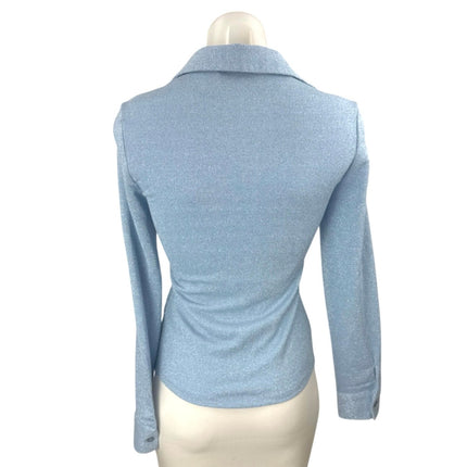 Zara Women's Blue Glitter Long Sleeve V Neck Button Polo Blouse Top Size XS