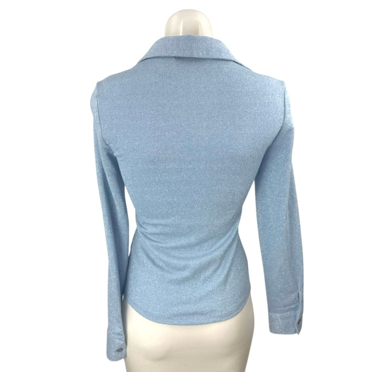 Zara Women's Blue Glitter Long Sleeve V Neck Button Polo Blouse Top Size XS