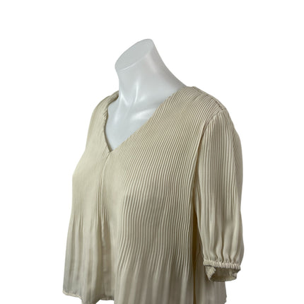 Lulus Women's Beige Short Sleeve Ribbed Knit V Neck Boxy Loose Blouse Top Size S