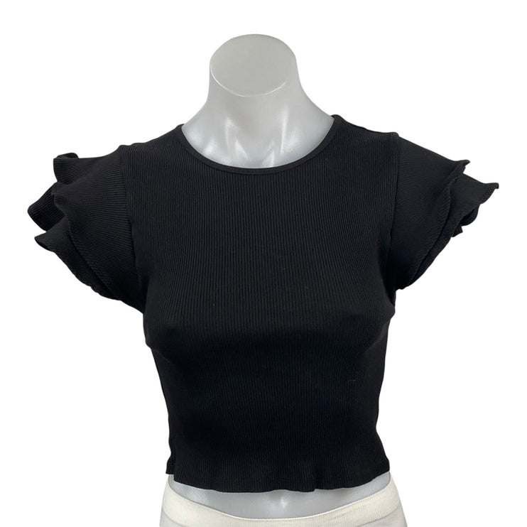 Zara Women's Black Ruffle Sleeve Crew Neck Ribbed Knit Cropped Blouse Top Size S