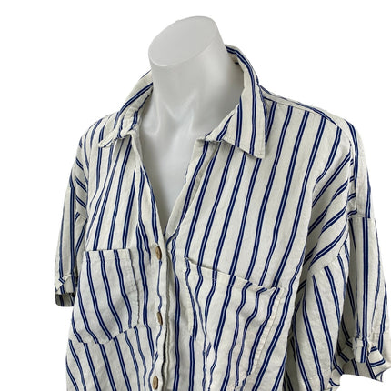 Zara Women's White Blue Striped Short Sleeve Button Down Cropped Shirt Top XL