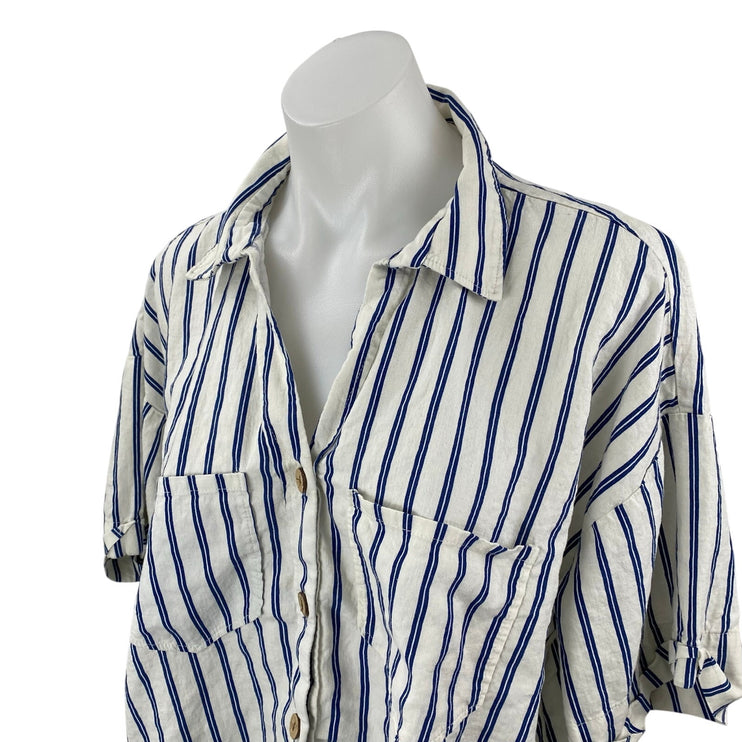 Zara Women's White Blue Striped Short Sleeve Button Down Cropped Shirt Top XL