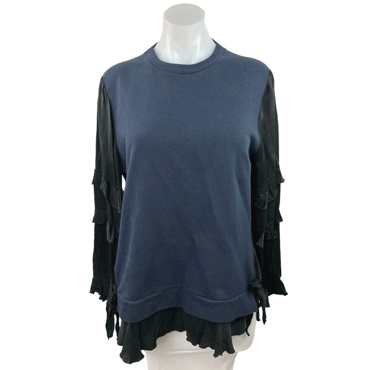 Zara Navy Blue Crew Neck Pullover Mixed Layered Ruffle Long Sleeve Top Size M